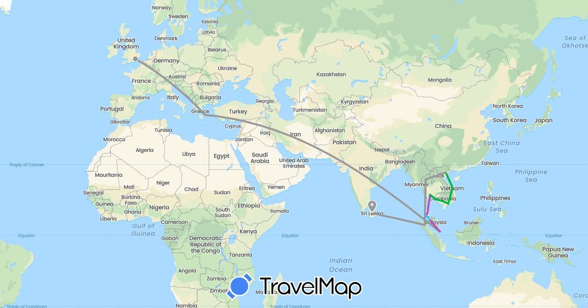 TravelMap itinerary: driving, bus, plane, train, boat in United Kingdom, Greece, Indonesia, Sri Lanka, Malaysia, Singapore, Thailand, Vietnam (Asia, Europe)